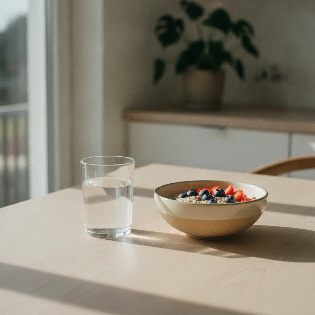 Glas vatten och frukost på ett ljust köksbord på morgonen